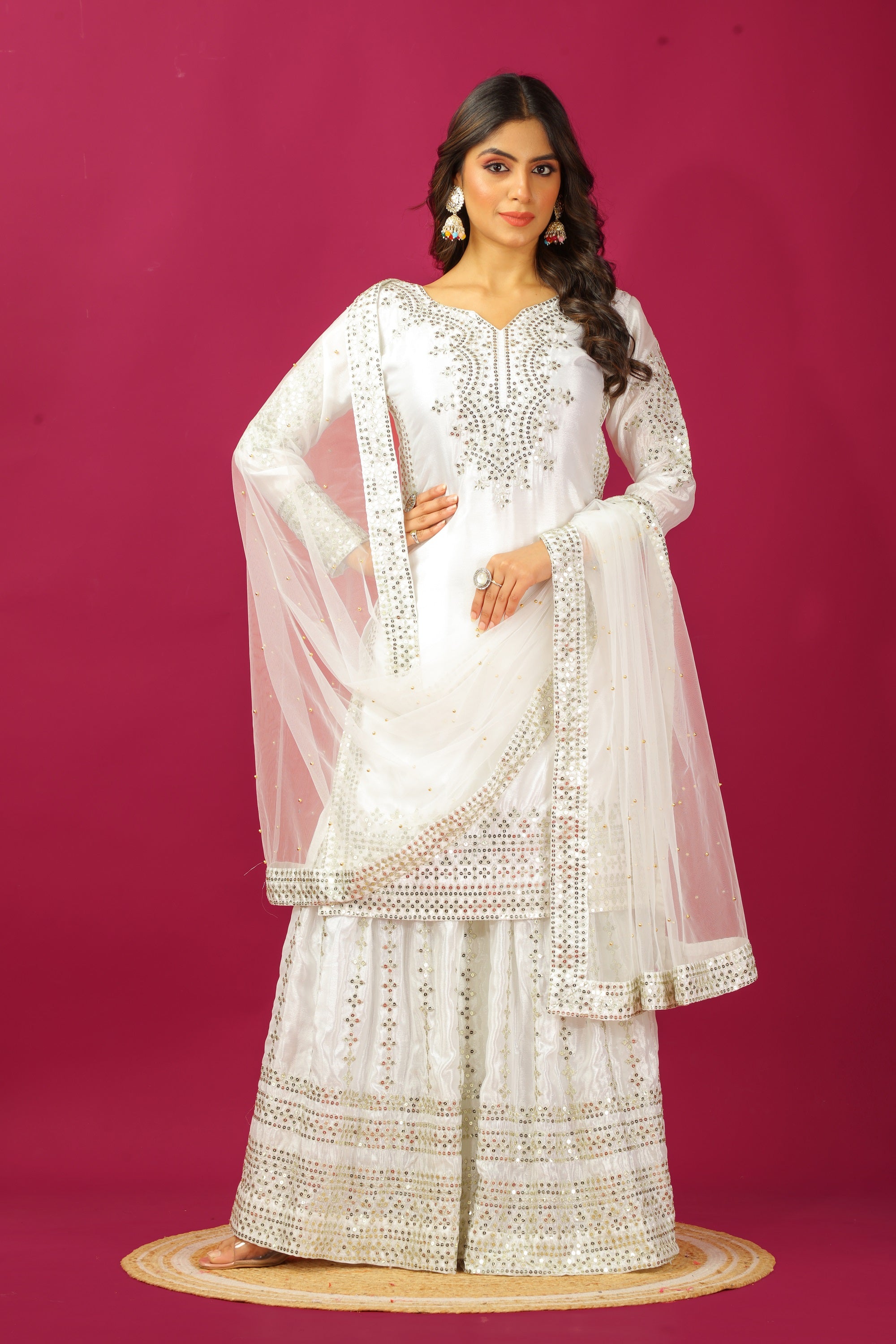 Teeya Creation Wine Color Chinnon Silk Heavy Embroidery Work Fully Stitched Sharara Suit - Distacart