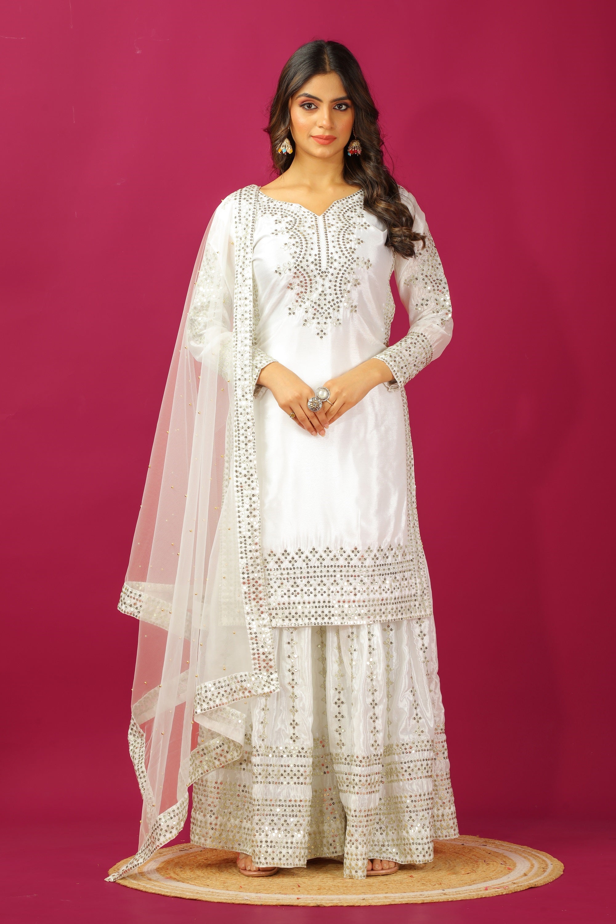 Teeya Creation Wine Color Chinnon Silk Heavy Embroidery Work Fully Stitched Sharara Suit - Distacart