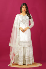Thumbnail for Teeya Creation Wine Color Chinnon Silk Heavy Embroidery Work Fully Stitched Sharara Suit - Distacart