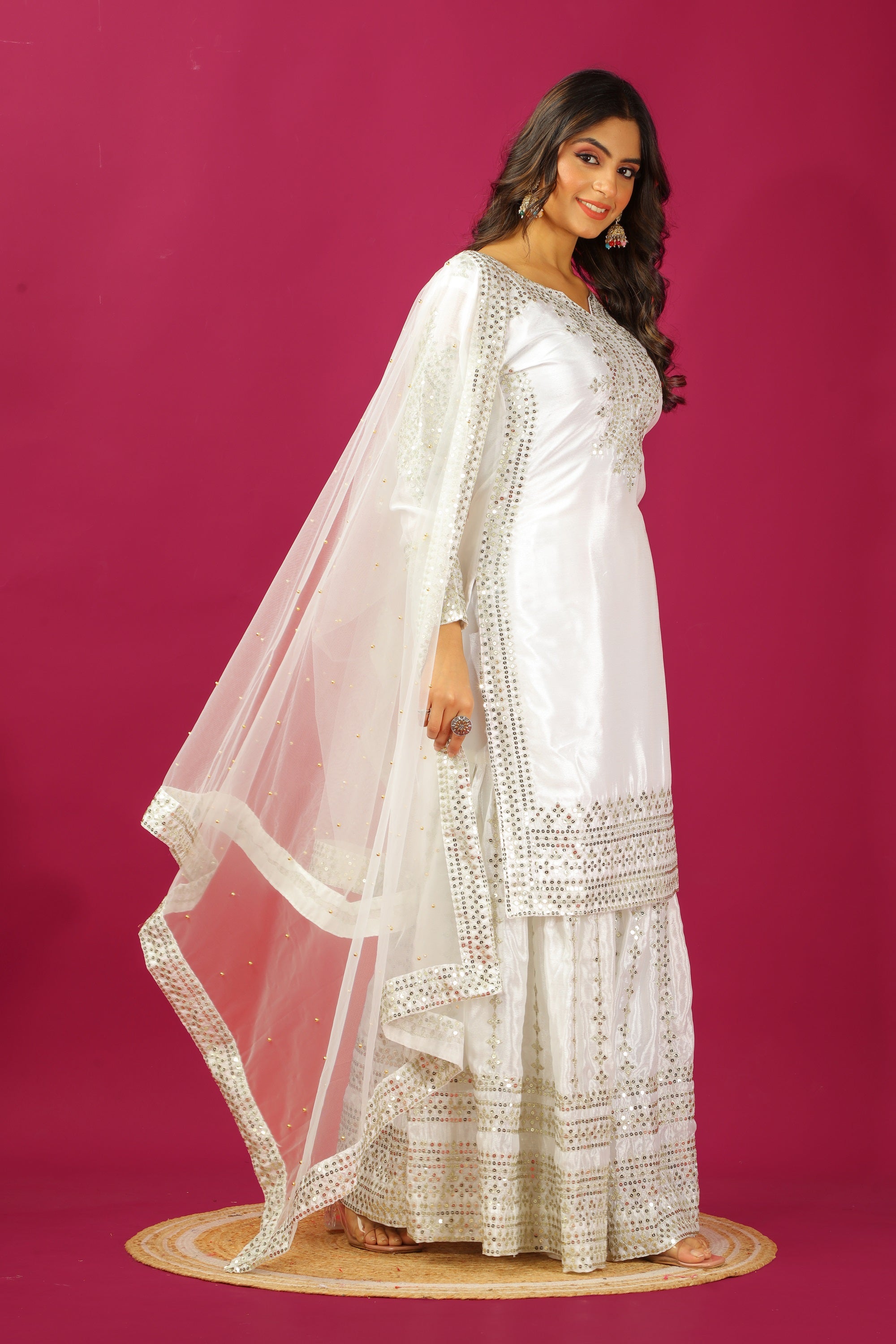 Teeya Creation Wine Color Chinnon Silk Heavy Embroidery Work Fully Stitched Sharara Suit - Distacart