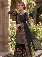 Thumbnail for Teeya Creation Black Fendy Silk Heavy Embroidery Work Party Wear Sharara Suit - Distacart