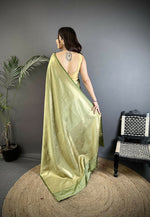 Thumbnail for Joban Fashion Sage Green Floral Motifs & Ethnic Design Soft Satin Silk Kanchipuram Saree - Distacart