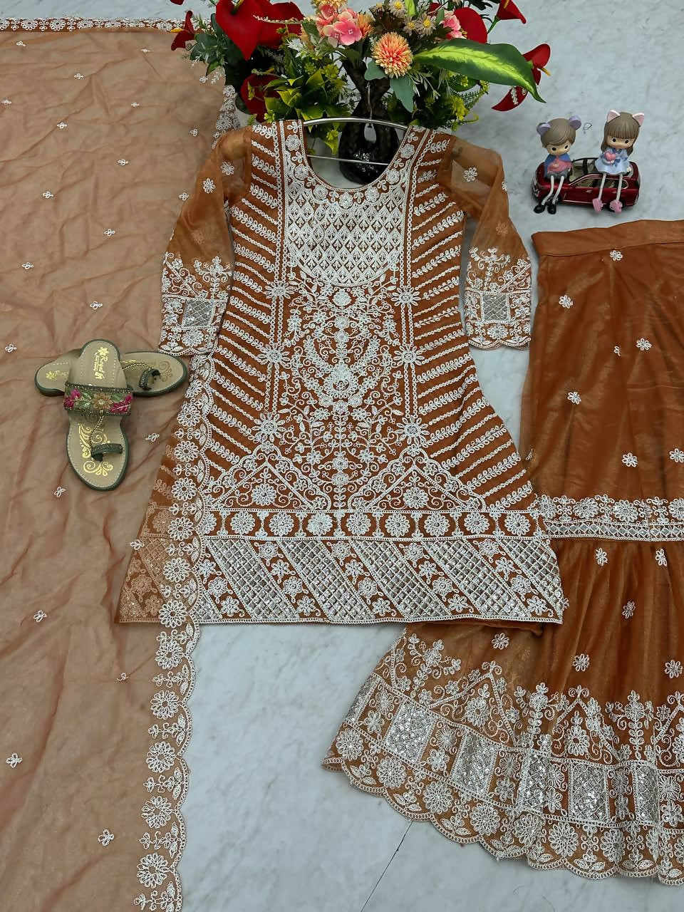 Teeya Creation Womens New Trendy Heavy Embroidery Sequence Work Orange Kurta Set - Dista