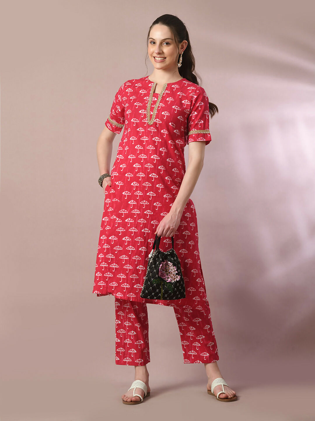 Myshka Women's Pink Printed Cotton Straight Party Kurta Set - Distacart