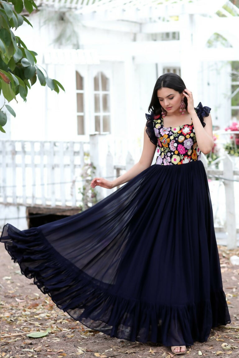 Jyoti Fashion Women's Navy Blue Sequins Thread Embroidery Faux Blooming Anarkali Dress - Distacart