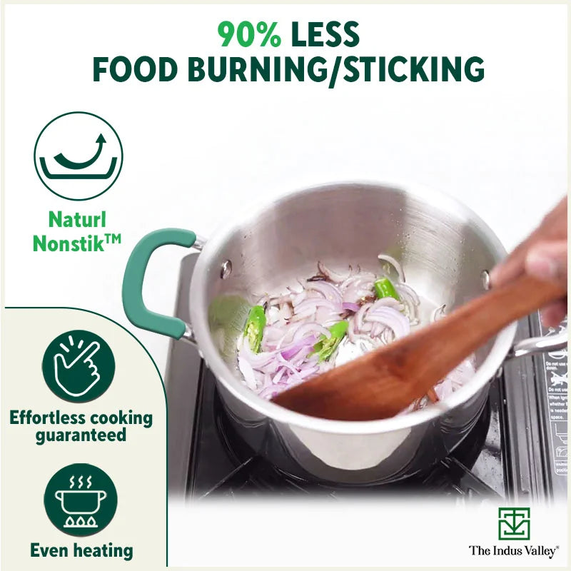 The Indus Valley TurboCuk Tri-ply Stainless Steel Biryani Cooking Pot/Casserole, Premium Quality, 3 Layer Thick Body, Cool Silicone Handles, 100% Toxin-free, Non-stick, Induction & Gas, Spatula, 2.9L