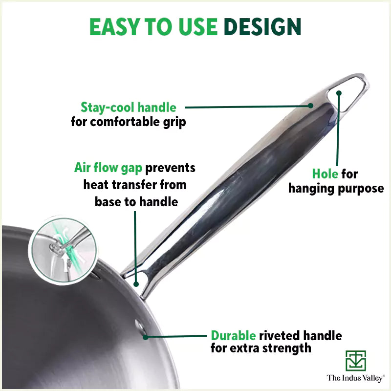The Indus Valley TurboCuk Tri-ply Stainless Steel Fry Pan, Premium Quality, 3 Layer Thick Body, 100% Toxin-free, Non-stick, Induction & Gas,Spatula, 22/24/26 cm, 1.5/1.7/1.9L - Distacart