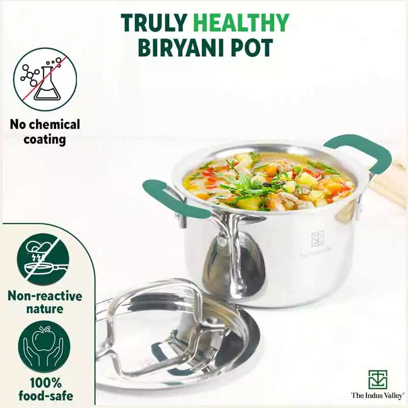 The Indus Valley TurboCuk Tri-ply Stainless Steel Biryani Cooking Pot/Casserole, Premium Quality, 3 Layer Thick Body, Cool Silicone Handles, 100% Toxin-free, Non-stick, Induction & Gas, Spatula, 2.9L