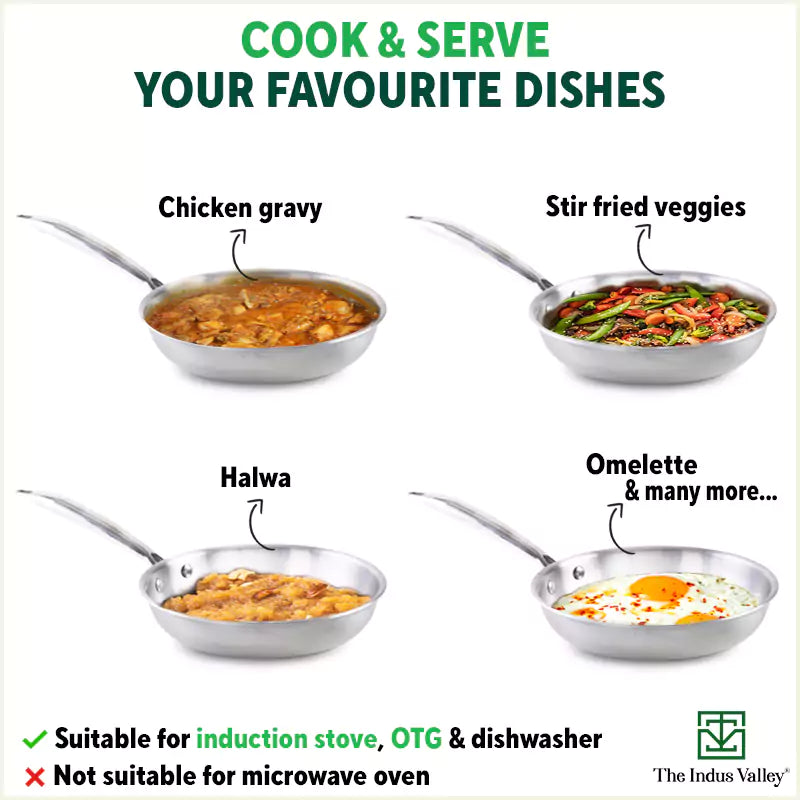 The Indus Valley TurboCuk Tri-ply Stainless Steel Fry Pan, Premium Quality, 3 Layer Thick Body, 100% Toxin-free, Non-stick, Induction & Gas,Spatula, 22/24/26 cm, 1.5/1.7/1.9L - Distacart