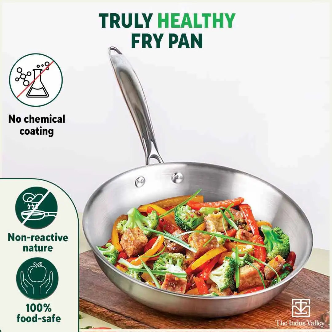 The Indus Valley TurboCuk Tri-ply Stainless Steel Fry Pan, Premium Quality, 3 Layer Thick Body, 100% Toxin-free, Non-stick, Induction & Gas,Spatula, 22/24/26 cm, 1.5/1.7/1.9L - Distacart