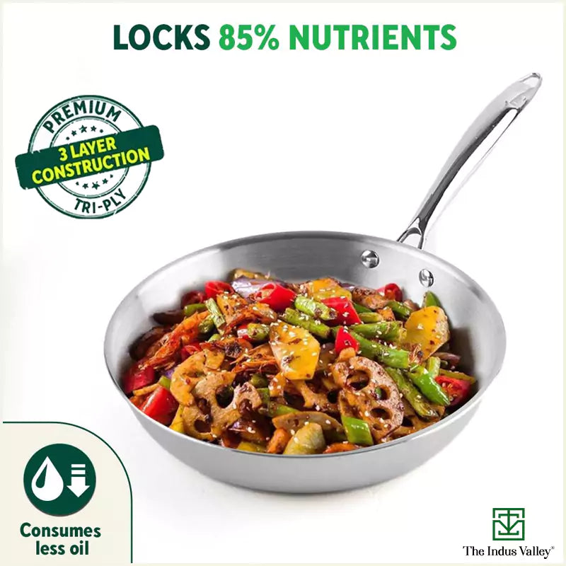 The Indus Valley TurboCuk Tri-ply Stainless Steel Fry Pan, Premium Quality, 3 Layer Thick Body, 100% Toxin-free, Non-stick, Induction & Gas,Spatula, 22/24/26 cm, 1.5/1.7/1.9L - Distacart
