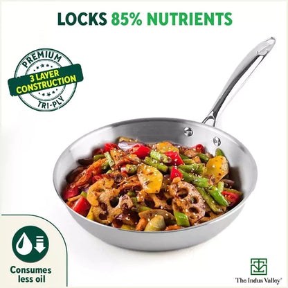 The Indus Valley TurboCuk Tri-ply Stainless Steel Fry Pan, Premium Quality, 3 Layer Thick Body, 100% Toxin-free, Non-stick, Induction & Gas,Spatula, 22/24/26 cm, 1.5/1.7/1.9L - Distacart
