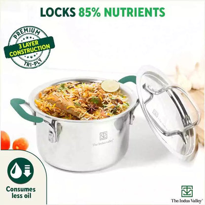 The Indus Valley TurboCuk Tri-ply Stainless Steel Biryani Cooking Pot/Casserole, Premium Quality, 3 Layer Thick Body, Cool Silicone Handles, 100% Toxin-free, Non-stick, Induction & Gas, Spatula, 2.9L - Distacart
