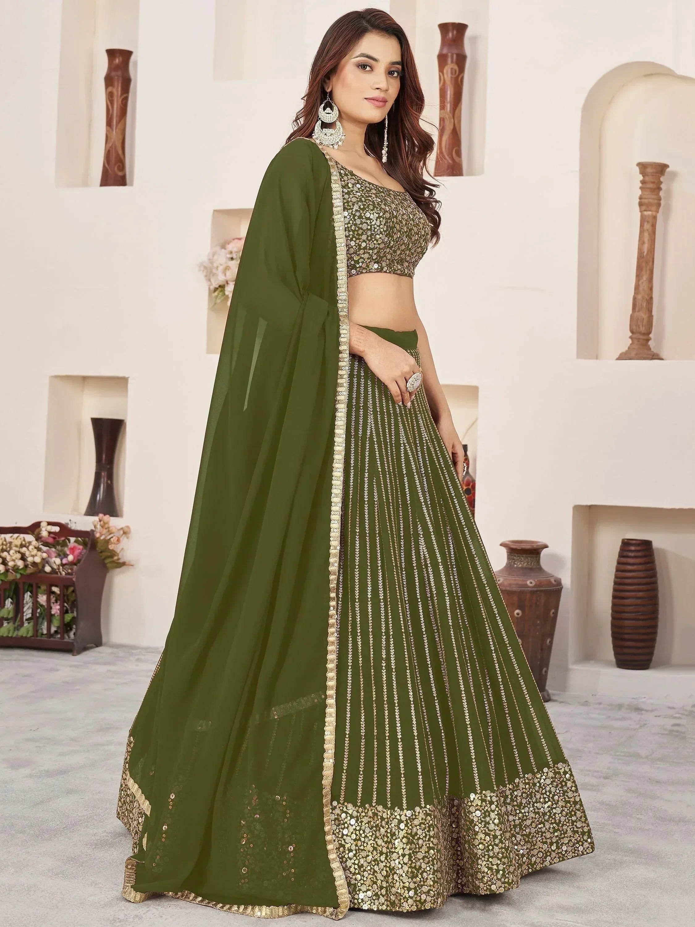 Tulsi Art Stunningâ Olive Color Sequins Georgette Function Wear Lehenga Choli