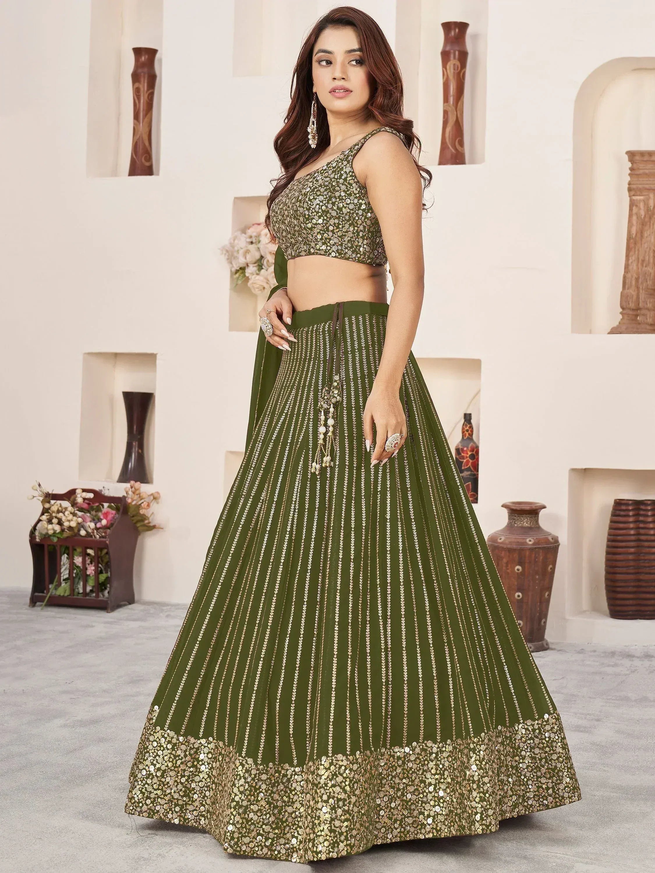 Tulsi Art Stunningâ Olive Color Sequins Georgette Function Wear Lehenga Choli