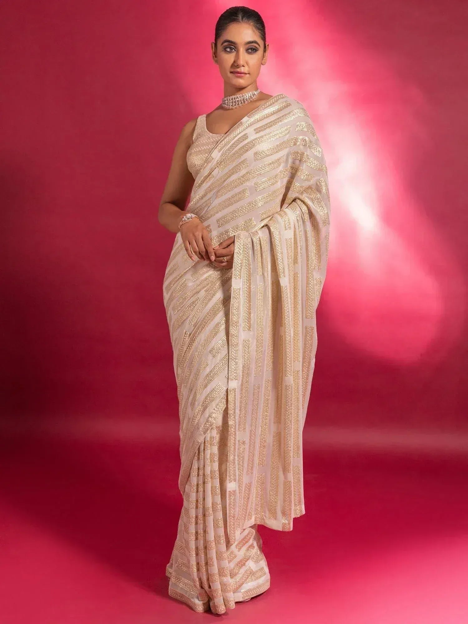 Tulsi Art Stunning Ivory Sequins Georgette Designer Saree With Blouse - Dista