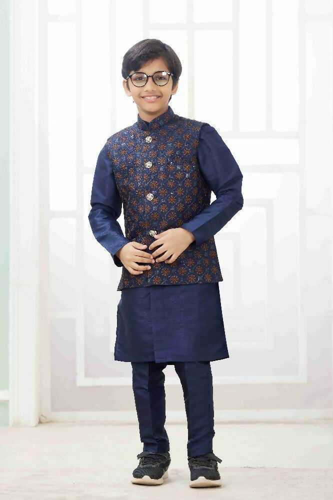 Raivat Ethnic Art Silk Embroidery Work 3 Pics Jacket Set In Navy Blue Colour - Distacart