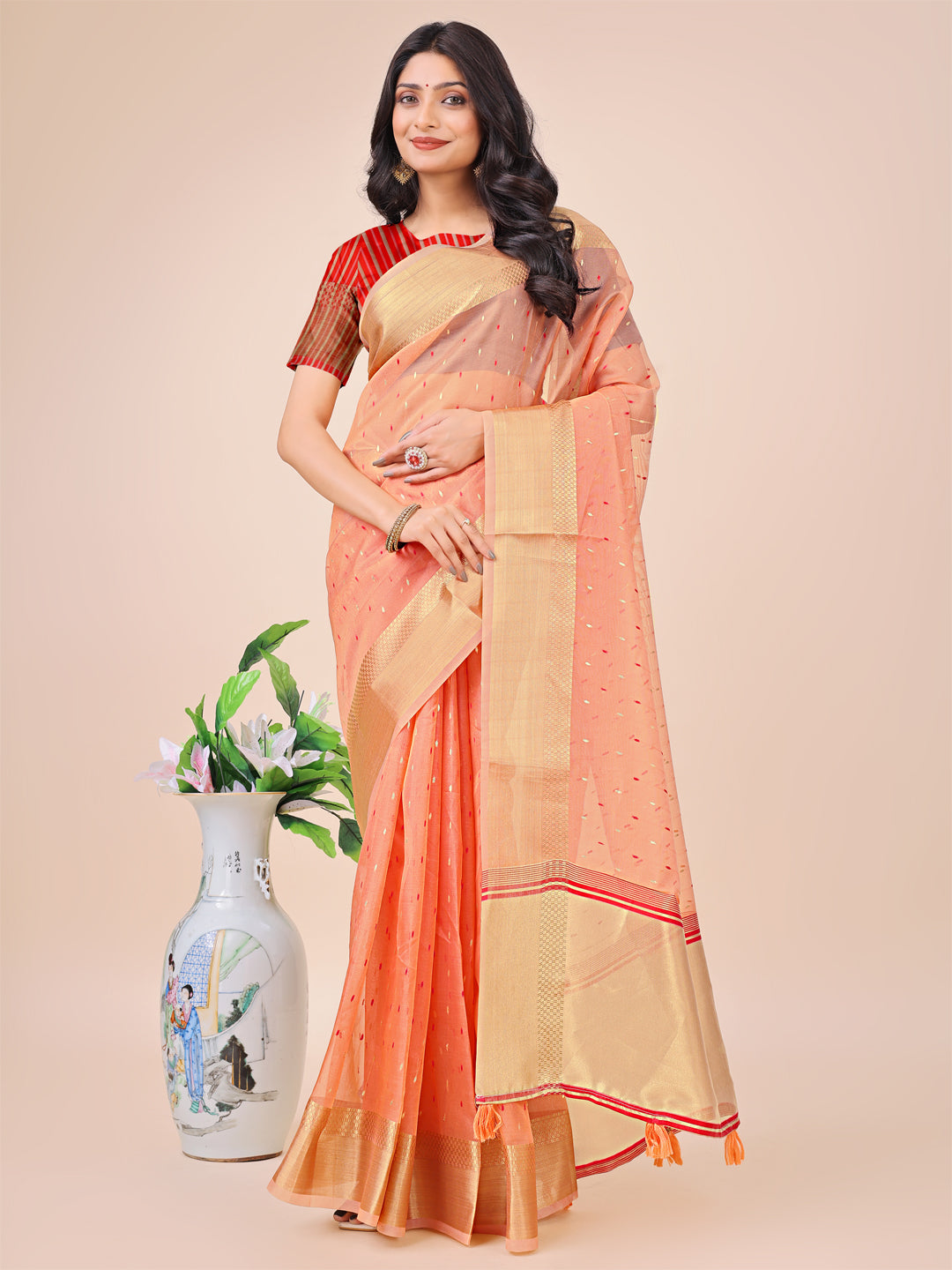 Aanika Women Peach Organza Saree With UnStiched Blouse - Distacart