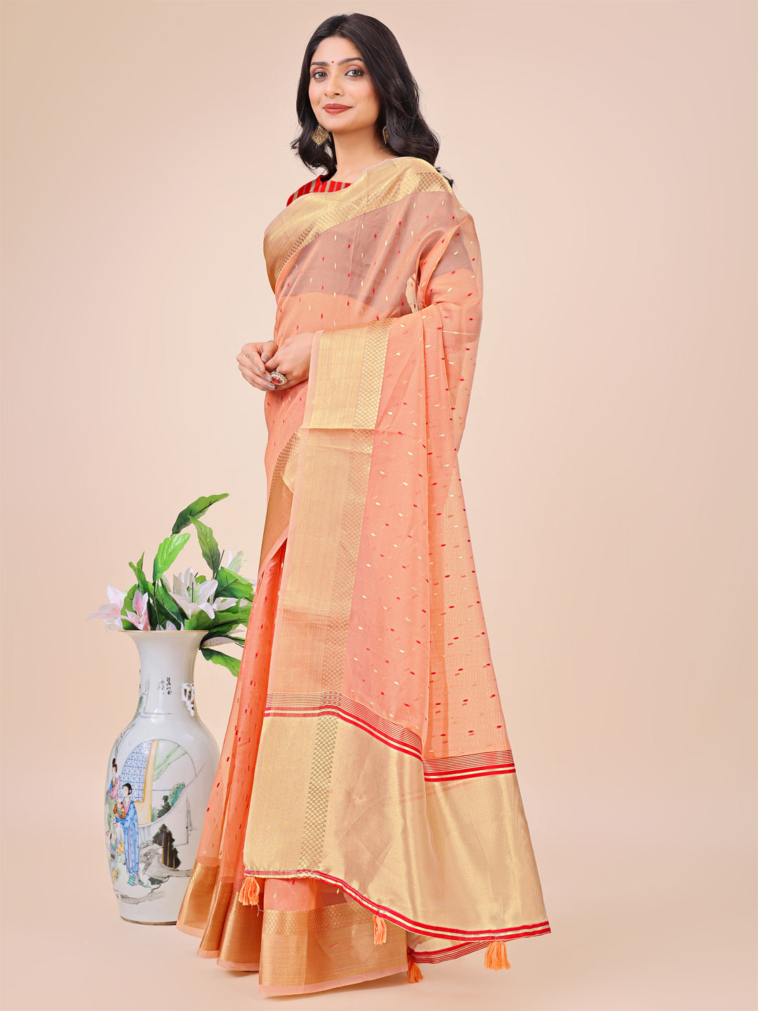 Aanika Women Peach Organza Saree With UnStiched Blouse - Distacart