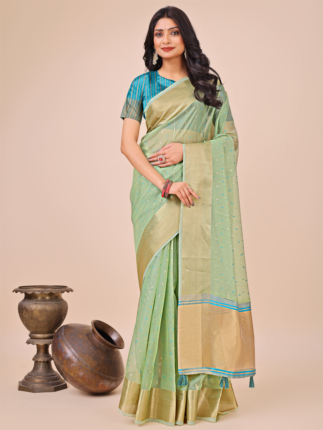 Aanika Women Green Organza Saree With UnStiched Blouse - Distacart