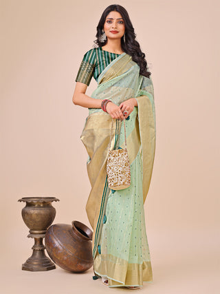 Aanika Women Olive Green Organza Saree With UnStiched Blouse - Distacart