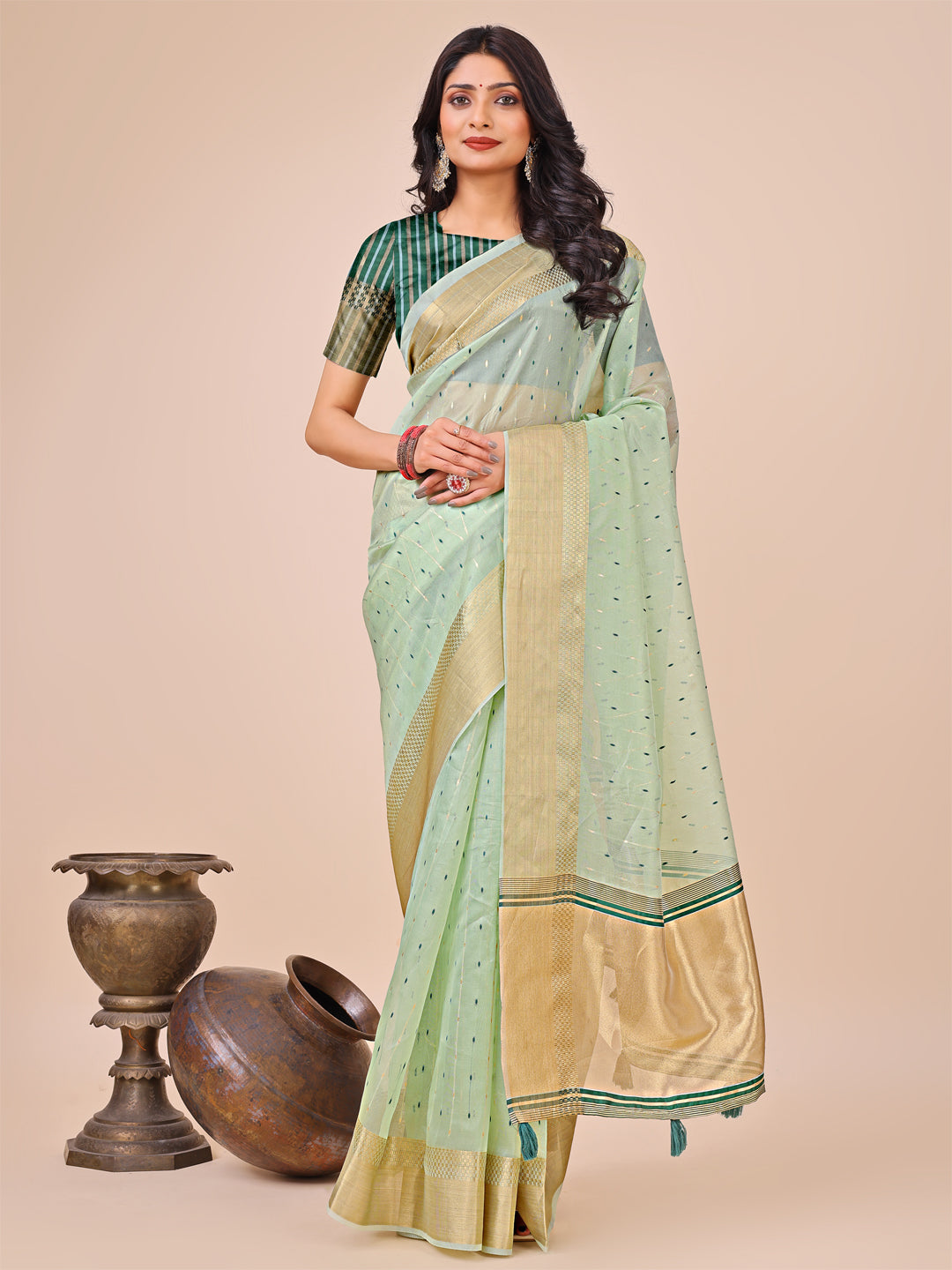Aanika Women Olive Green Organza Saree With UnStiched Blouse - Distacart