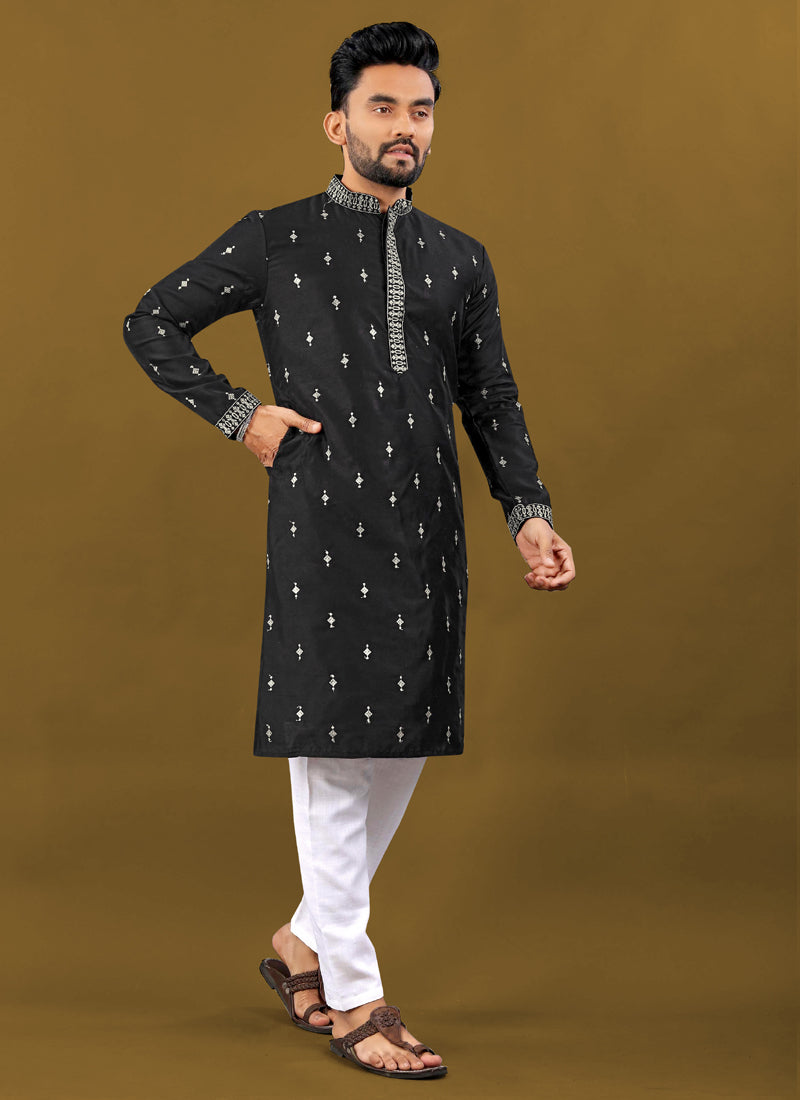 Prazu Fashion Black Matka Silk All Over Silver Jari With Embroidery Buti Designer Kurta For Men's - Distacart