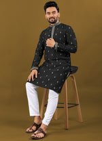 Thumbnail for Prazu Fashion Black Matka Silk All Over Silver Jari With Embroidery Buti Designer Kurta For Men's - Distacart