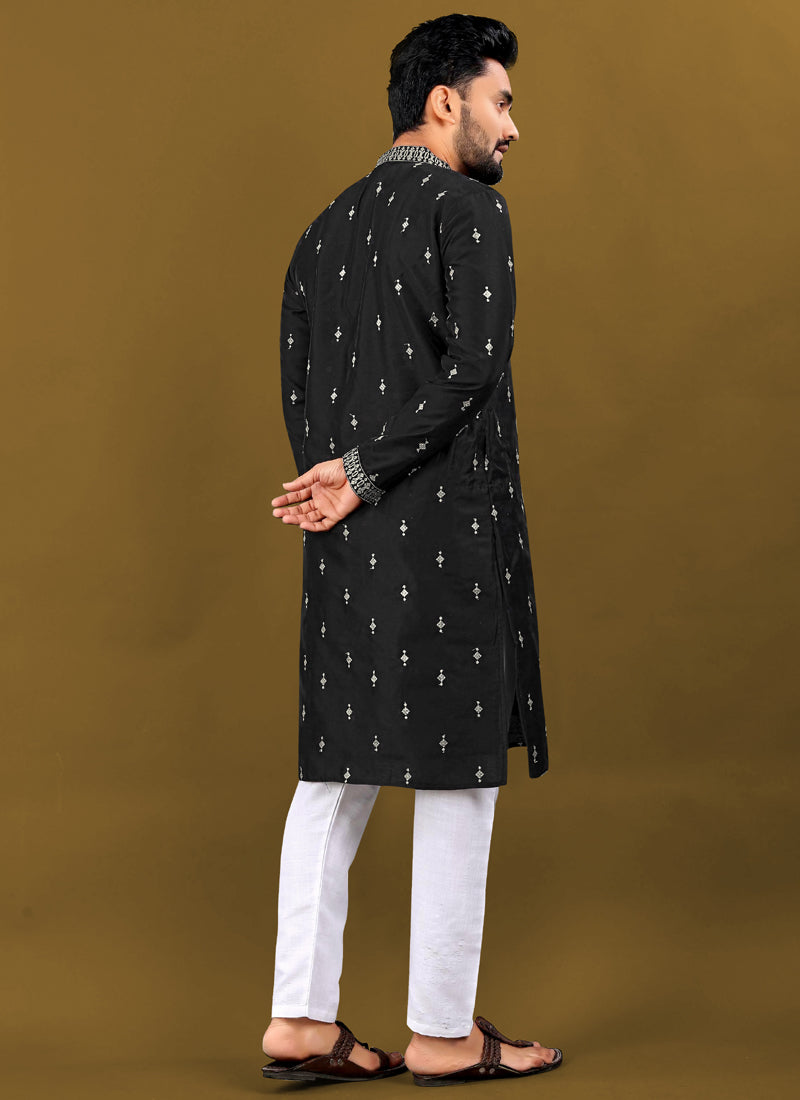 Prazu Fashion Black Matka Silk All Over Silver Jari With Embroidery Buti Designer Kurta For Men's - Distacart