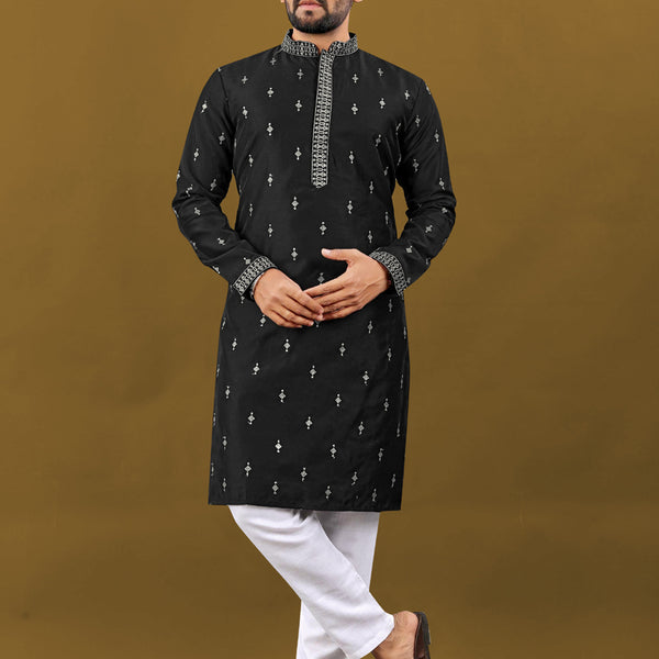 Prazu Fashion Black Matka Silk All Over Silver Jari With Embroidery Buti Designer Kurta For Men's - Distacart