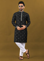 Thumbnail for Prazu Fashion Black Matka Silk All Over Silver Jari With Embroidery Buti Designer Kurta For Men's - Distacart