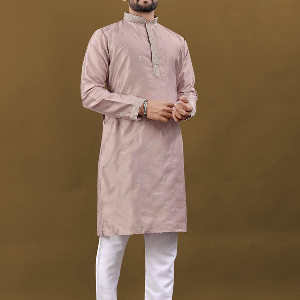 Prazu Fashion Blush Pink Matka Silk All Over Silver Jari With Embroidery Buti Designer Kurta For Men's - Distacart