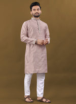 Thumbnail for Prazu Fashion Blush Pink Matka Silk All Over Silver Jari With Embroidery Buti Designer Kurta For Men's - Distacart