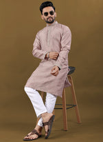 Thumbnail for Prazu Fashion Blush Pink Matka Silk All Over Silver Jari With Embroidery Buti Designer Kurta For Men's - Distacart