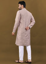 Thumbnail for Prazu Fashion Blush Pink Matka Silk All Over Silver Jari With Embroidery Buti Designer Kurta For Men's - Distacart