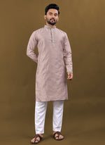 Thumbnail for Prazu Fashion Blush Pink Matka Silk All Over Silver Jari With Embroidery Buti Designer Kurta For Men's - Distacart