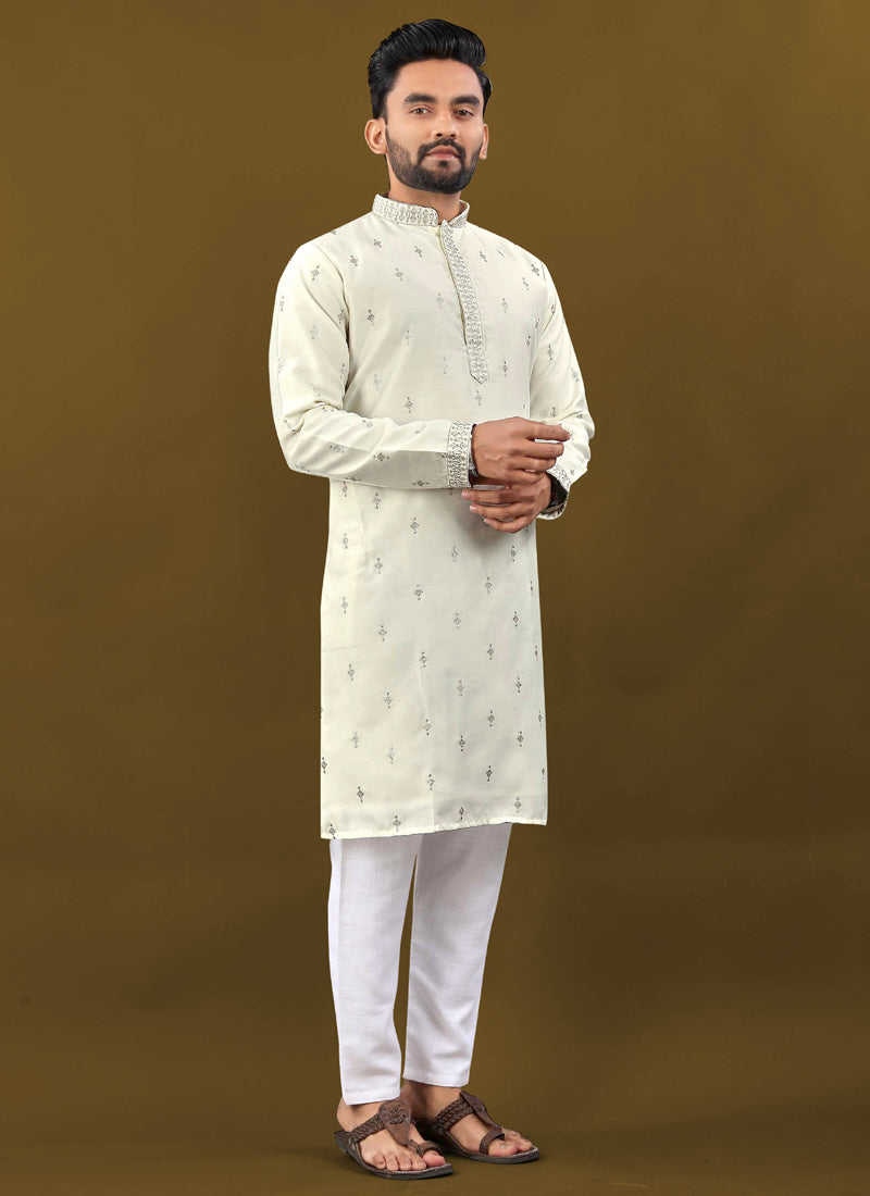 Prazu Fashion Off White Matka Silk All Over Silver Jari With Embroidery Buti Designer Kurta For Men's - Distacart
