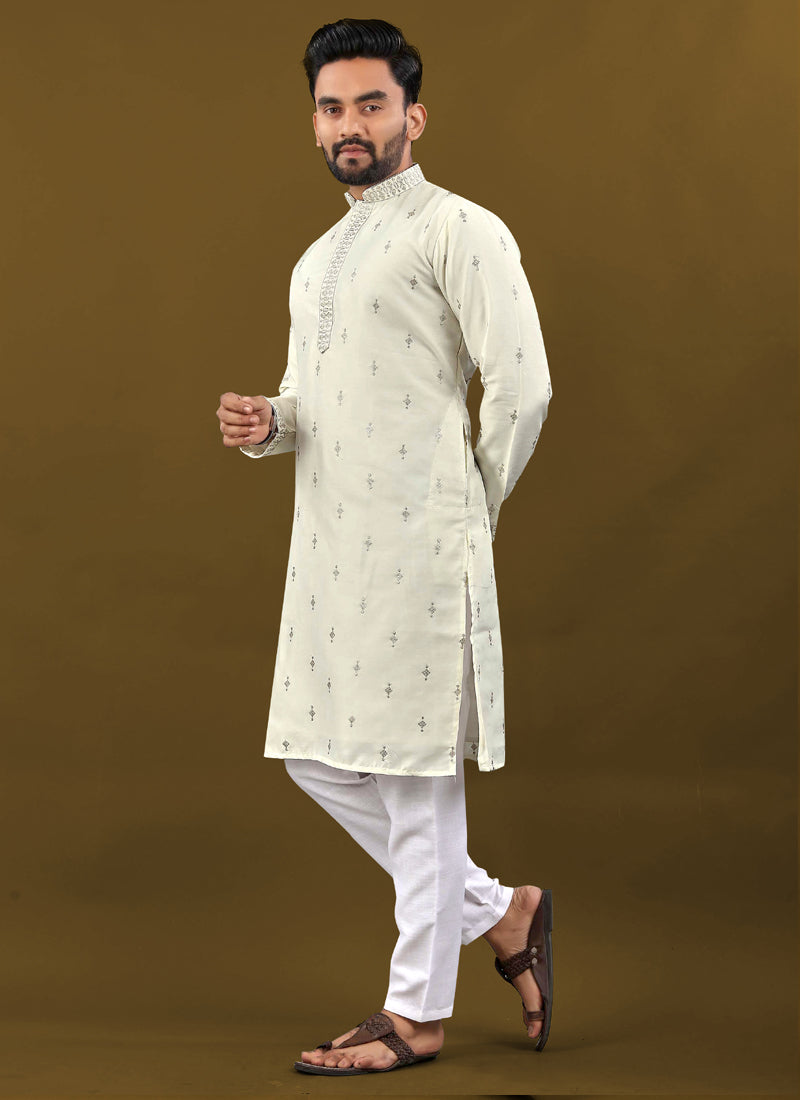 Prazu Fashion Off White Matka Silk All Over Silver Jari With Embroidery Buti Designer Kurta For Men's - Distacart