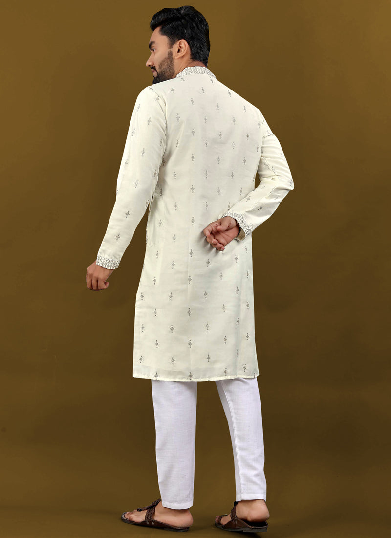 Prazu Fashion Off White Matka Silk All Over Silver Jari With Embroidery Buti Designer Kurta For Men's - Distacart