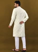 Thumbnail for Prazu Fashion Off White Matka Silk All Over Silver Jari With Embroidery Buti Designer Kurta For Men's - Distacart