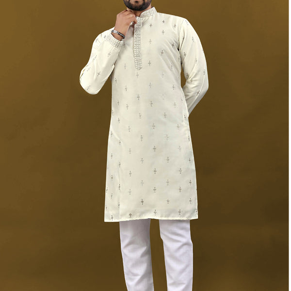 Prazu Fashion Off White Matka Silk All Over Silver Jari With Embroidery Buti Designer Kurta For Men's - Distacart