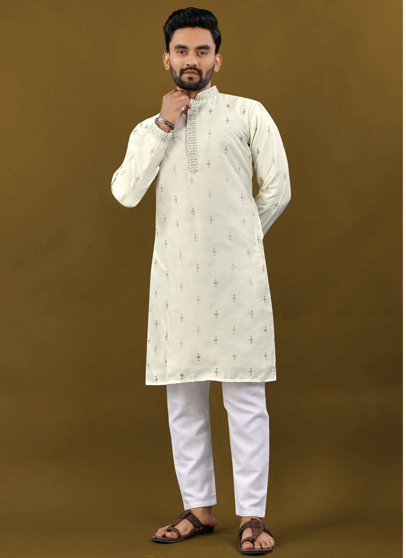 Prazu Fashion Off White Matka Silk All Over Silver Jari With Embroidery Buti Designer Kurta For Men's - Distacart