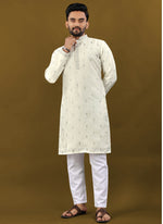 Thumbnail for Prazu Fashion Off White Matka Silk All Over Silver Jari With Embroidery Buti Designer Kurta For Men's - Distacart