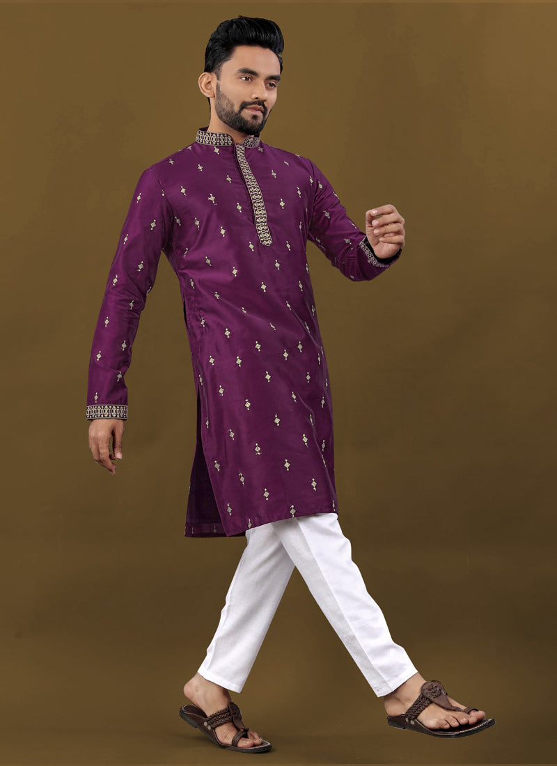 Prazu Fashion Purple Matka Silk All Over Silver Jari With Embroidery Buti Designer Kurta For Men's - Distacart