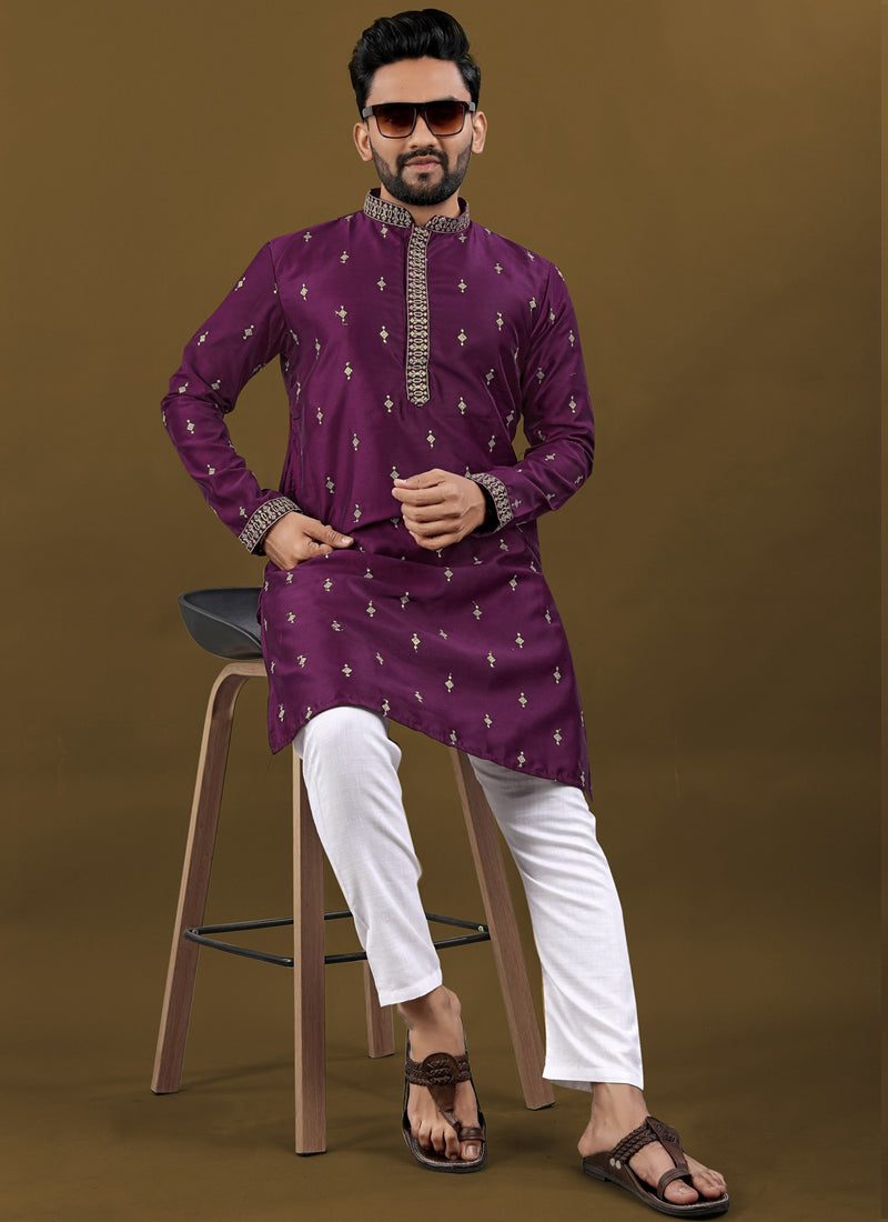 Prazu Fashion Purple Matka Silk All Over Silver Jari With Embroidery Buti Designer Kurta For Men's - Distacart