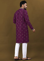 Thumbnail for Prazu Fashion Purple Matka Silk All Over Silver Jari With Embroidery Buti Designer Kurta For Men's - Distacart