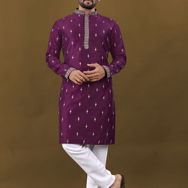 Prazu Fashion Purple Matka Silk All Over Silver Jari With Embroidery Buti Designer Kurta For Men's - Distacart