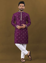 Thumbnail for Prazu Fashion Purple Matka Silk All Over Silver Jari With Embroidery Buti Designer Kurta For Men's - Distacart