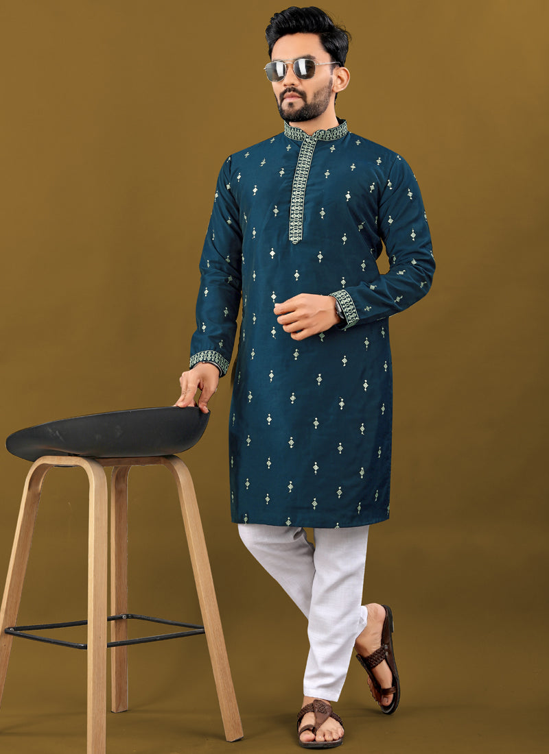 Prazu Fashion Royal Blue Matka Silk All Over Silver Jari With Embroidery Buti Designer Kurta For Men's - Distacart