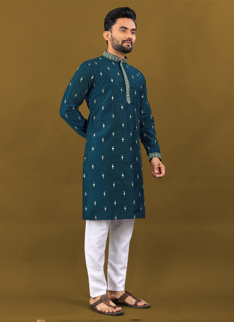 Prazu Fashion Royal Blue Matka Silk All Over Silver Jari With Embroidery Buti Designer Kurta For Men's - Distacart